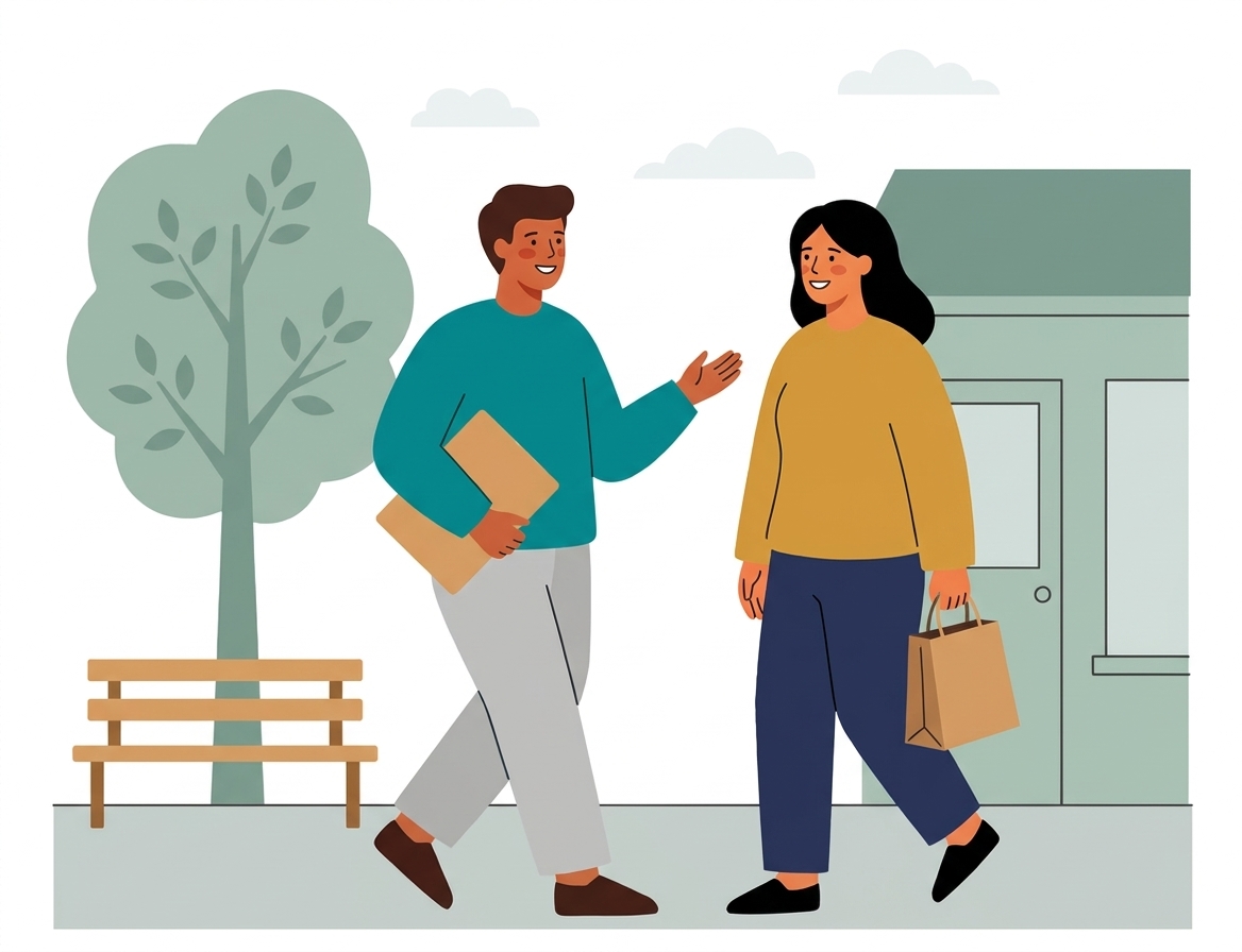 Illustration of a support worker and individual walking together in the community