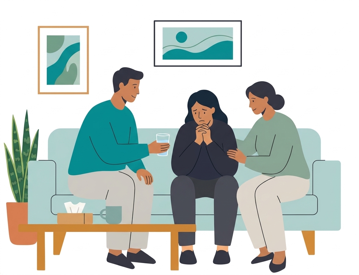 Illustration of two staff members supporting a person through a crisis moment