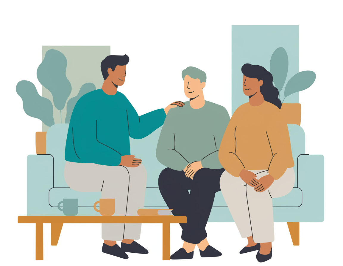 Illustration of three people sitting together in a supportive conversation