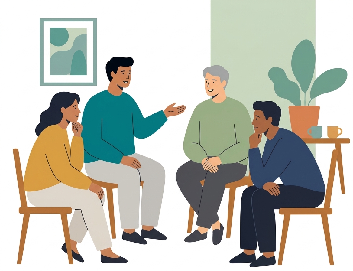 Illustration of a small group in a supportive substance use recovery session