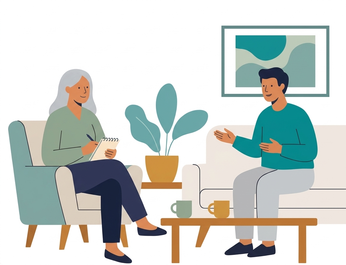 Illustration of a therapist and client in a one-on-one therapy session