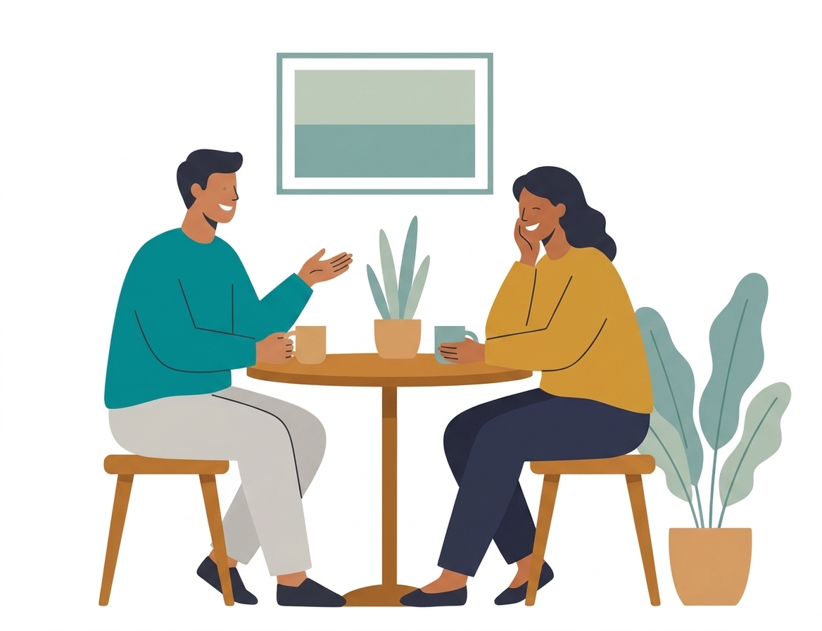 Illustration of two people sharing a conversation over coffee as peers